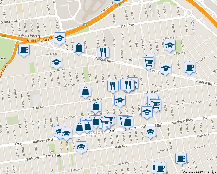 map of restaurants, bars, coffee shops, grocery stores, and more near 30-26 88th St in Queens
