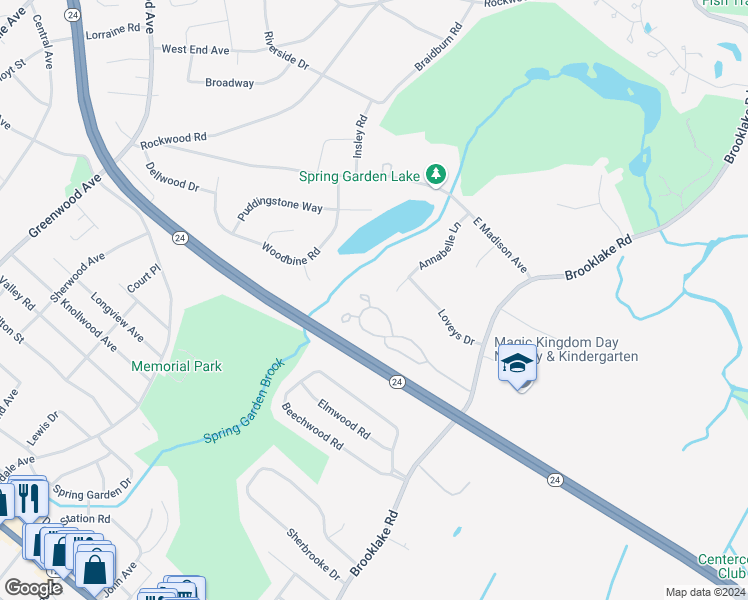 map of restaurants, bars, coffee shops, grocery stores, and more near 90 Brandywyne Drive in Florham Park
