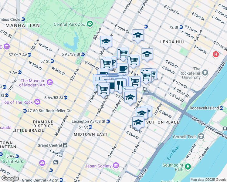 map of restaurants, bars, coffee shops, grocery stores, and more near 950 3rd Avenue in New York