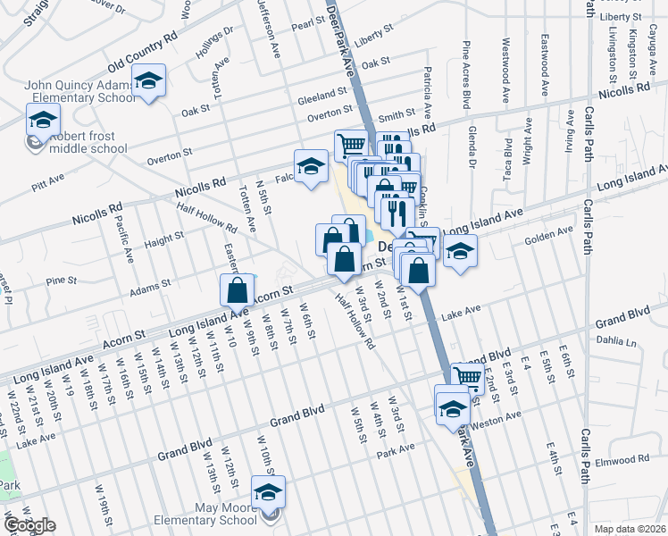 map of restaurants, bars, coffee shops, grocery stores, and more near 253 Half Hollow Rd in Deer Park