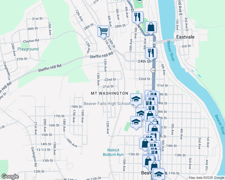 map of restaurants, bars, coffee shops, grocery stores, and more near 2013 11th Ave in Beaver Falls