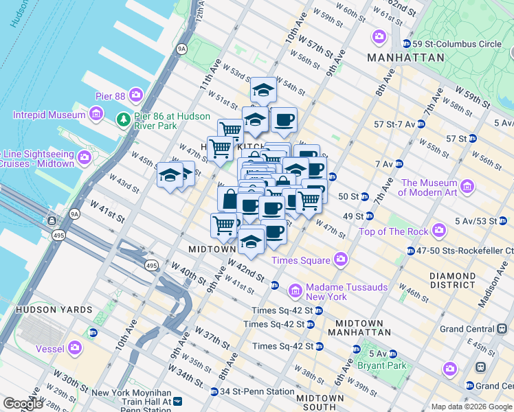 map of restaurants, bars, coffee shops, grocery stores, and more near 9th Ave & W 46th St in New York