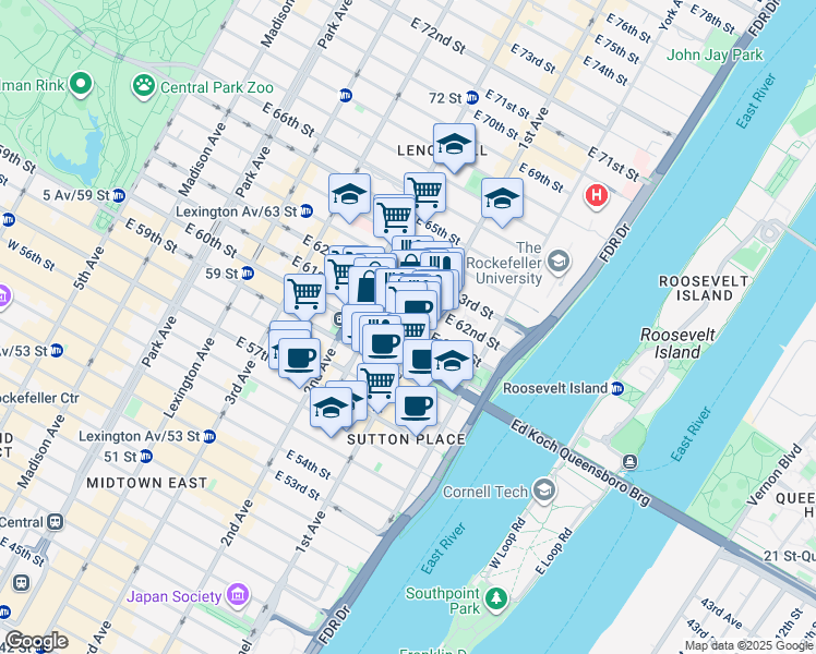 map of restaurants, bars, coffee shops, grocery stores, and more near 330 East 61st Street in New York
