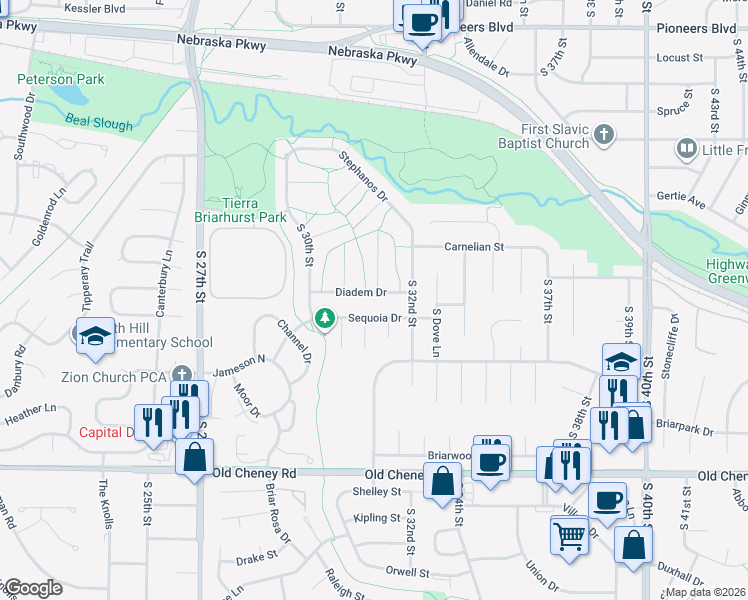 map of restaurants, bars, coffee shops, grocery stores, and more near 3107 Diadem Drive in Lincoln