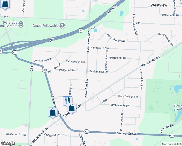 map of restaurants, bars, coffee shops, grocery stores, and more near 5998 Benjamin Street Southwest in Canton
