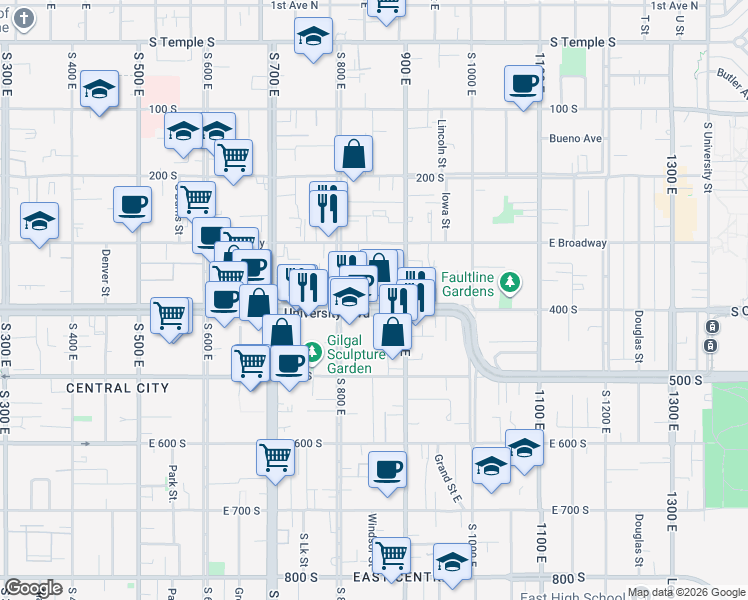map of restaurants, bars, coffee shops, grocery stores, and more near 837 East 400 South in Salt Lake City