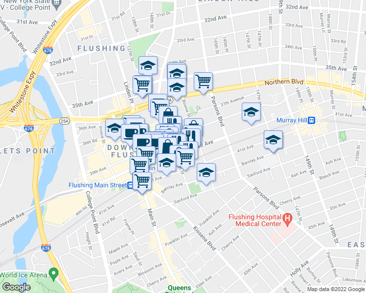 map of restaurants, bars, coffee shops, grocery stores, and more near 142-05 Roosevelt Avenue in Queens