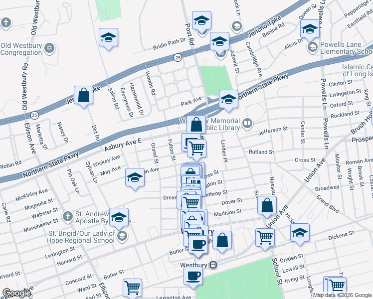 map of restaurants, bars, coffee shops, grocery stores, and more near 267 Liberty Avenue in Westbury