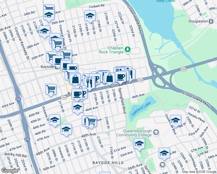 map of restaurants, bars, coffee shops, grocery stores, and more near 217-20 Northern Blvd in Queens