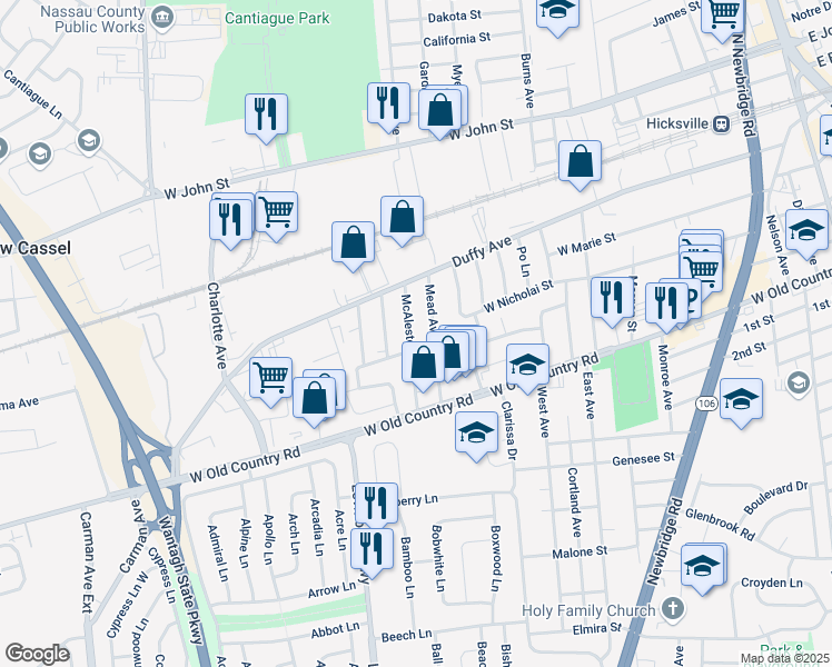 map of restaurants, bars, coffee shops, grocery stores, and more near 49 McAlester Avenue in Hicksville