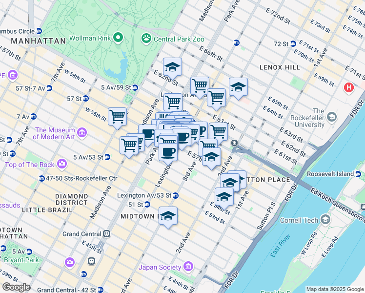 map of restaurants, bars, coffee shops, grocery stores, and more near 445 Park Avenue in New York
