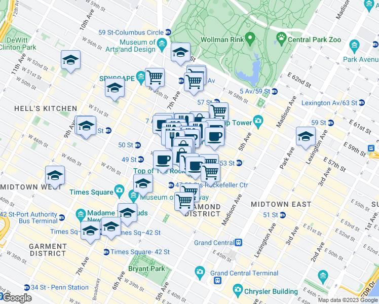 map of restaurants, bars, coffee shops, grocery stores, and more near 1290 6th Avenue in New York