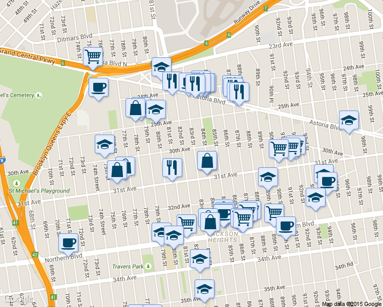 map of restaurants, bars, coffee shops, grocery stores, and more near 30-08 83rd Street in Queens