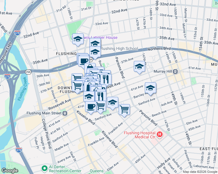 map of restaurants, bars, coffee shops, grocery stores, and more near 143-40 Roosevelt Avenue in Queens