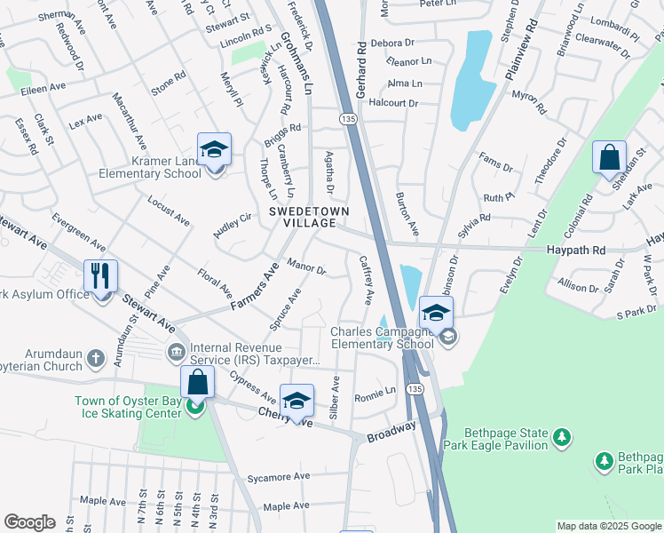 map of restaurants, bars, coffee shops, grocery stores, and more near 9 Robin Court in Bethpage