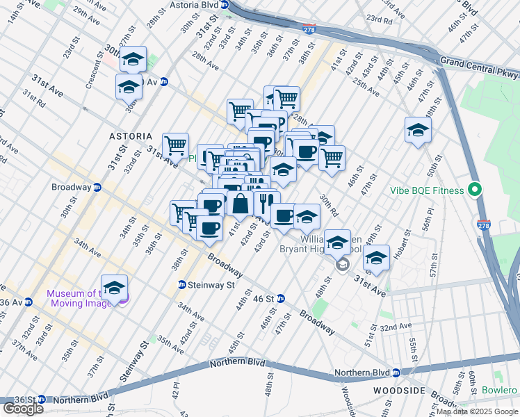 map of restaurants, bars, coffee shops, grocery stores, and more near 30-92 42nd Street in Queens