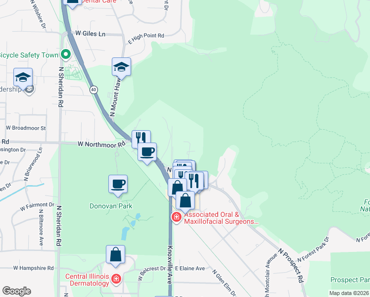 map of restaurants, bars, coffee shops, grocery stores, and more near 6045 N Wickwood Rd in Peoria