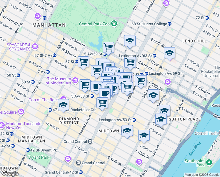 map of restaurants, bars, coffee shops, grocery stores, and more near 55 East 55th Street in New York