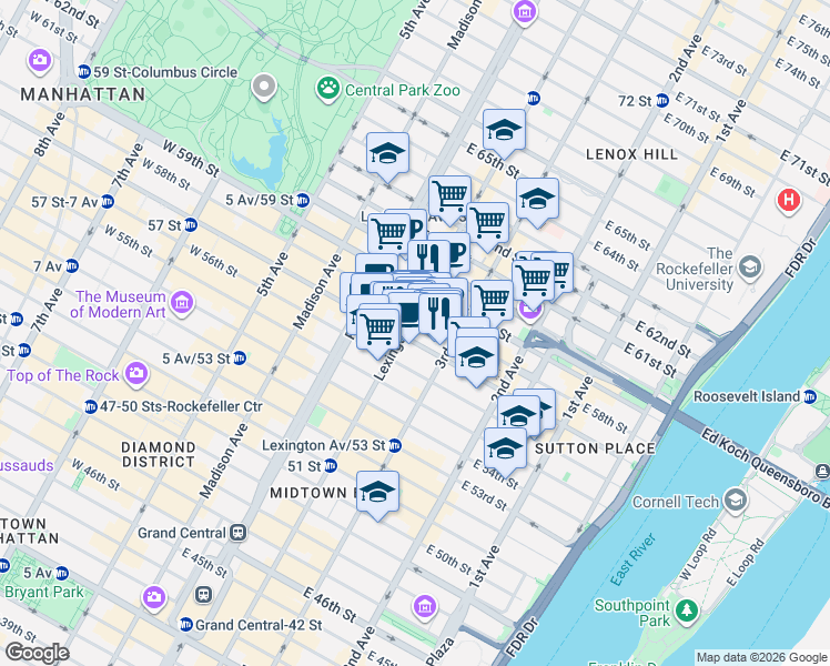 map of restaurants, bars, coffee shops, grocery stores, and more near 141 East 57th Street in New York