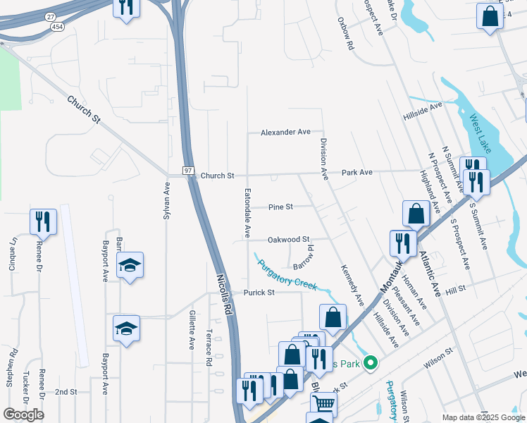 map of restaurants, bars, coffee shops, grocery stores, and more near 44 Pine Street in Blue Point