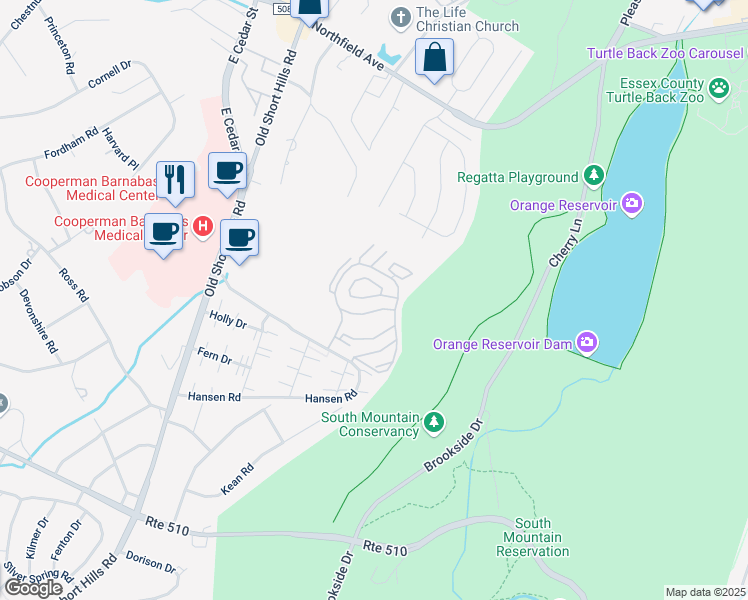 map of restaurants, bars, coffee shops, grocery stores, and more near 29 Larkin Circle in West Orange