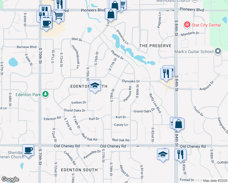 map of restaurants, bars, coffee shops, grocery stores, and more near 5200 South 78th Street in Lincoln