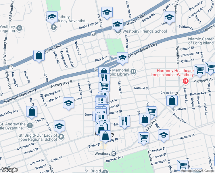 map of restaurants, bars, coffee shops, grocery stores, and more near 342 Post Avenue in Westbury