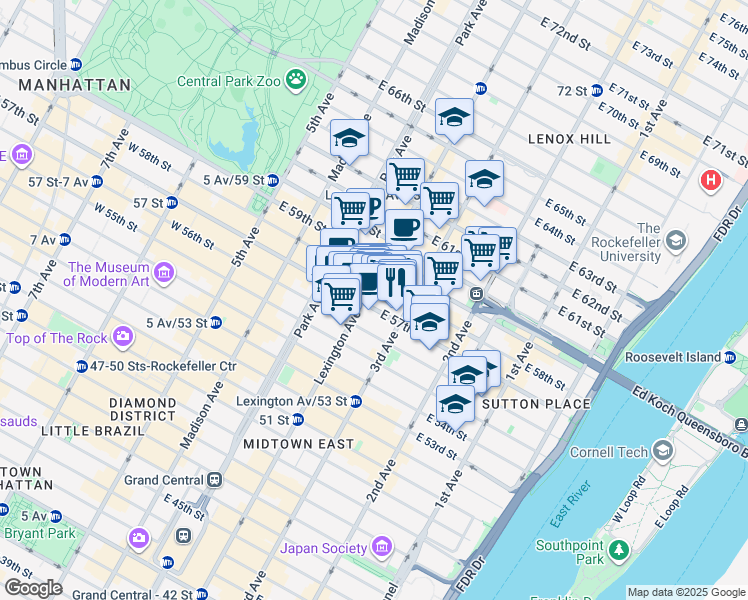 map of restaurants, bars, coffee shops, grocery stores, and more near 141 East 57th Street in New York