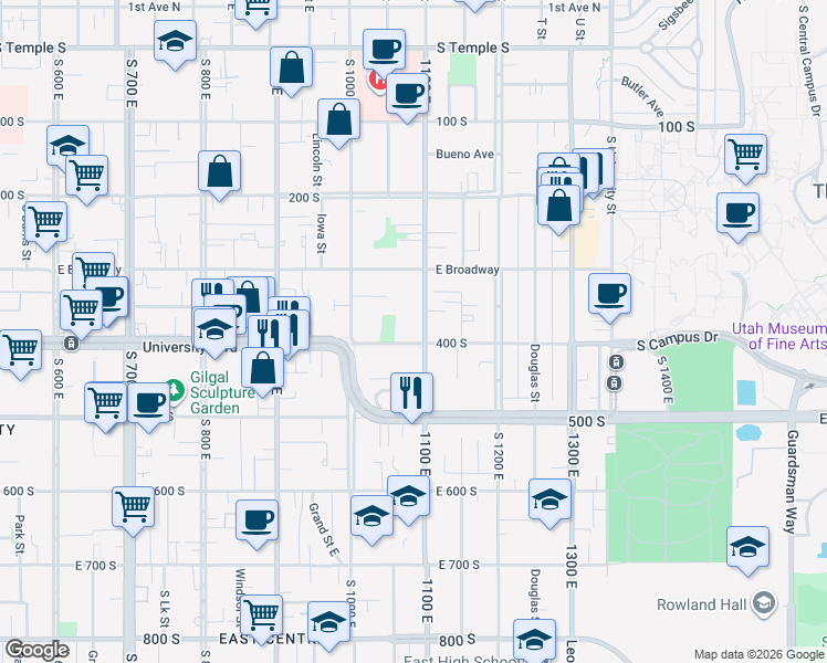 map of restaurants, bars, coffee shops, grocery stores, and more near 1103 East 400 South in Salt Lake City