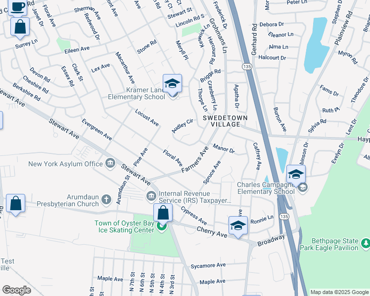map of restaurants, bars, coffee shops, grocery stores, and more near 11 Audley Circle in Plainview