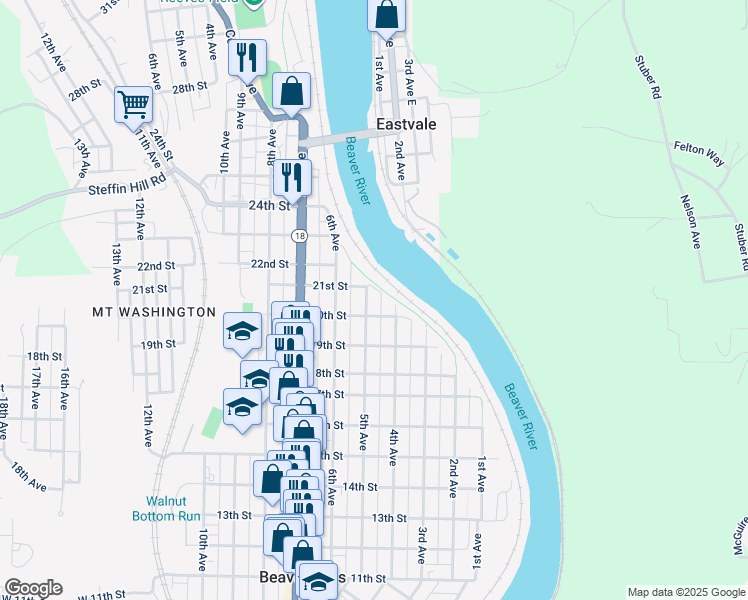 map of restaurants, bars, coffee shops, grocery stores, and more near 2012 5th Ave in Beaver Falls
