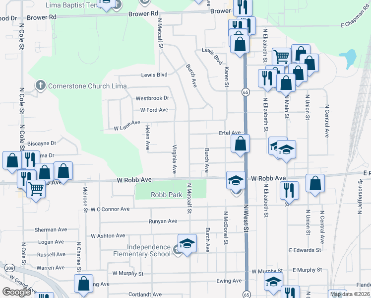 map of restaurants, bars, coffee shops, grocery stores, and more near 1731 North Metcalf Street in Lima