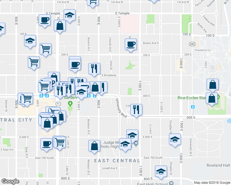 map of restaurants, bars, coffee shops, grocery stores, and more near 374 South 1000 East in Salt Lake City
