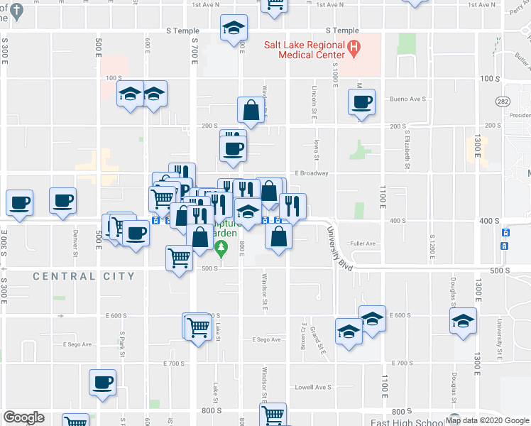 map of restaurants, bars, coffee shops, grocery stores, and more near 837 East 400 South in Salt Lake City