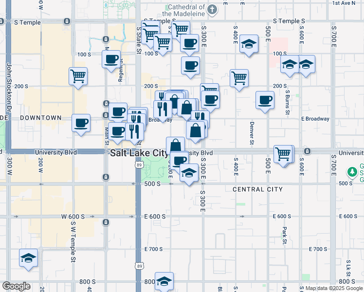 map of restaurants, bars, coffee shops, grocery stores, and more near 395 South 200 East in Salt Lake City