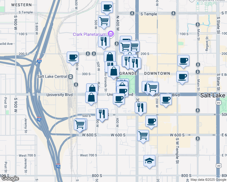 map of restaurants, bars, coffee shops, grocery stores, and more near 400 West 400 South in Salt Lake City
