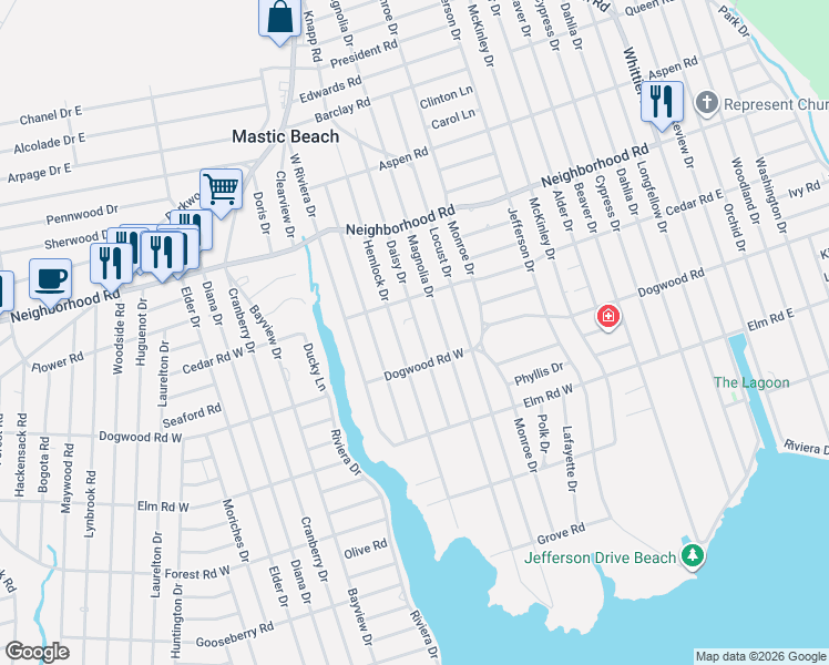 map of restaurants, bars, coffee shops, grocery stores, and more near 73 Hemlock Drive in Mastic Beach