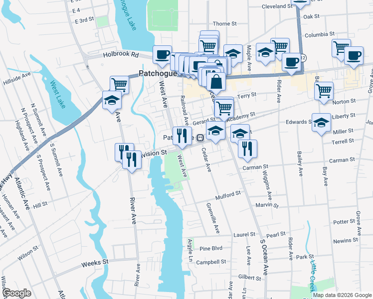 map of restaurants, bars, coffee shops, grocery stores, and more near 76 Division Street in Patchogue