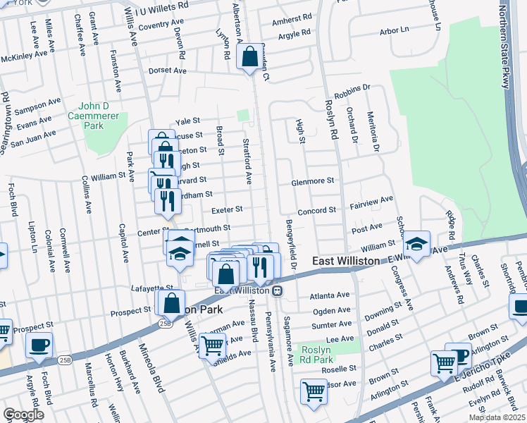 map of restaurants, bars, coffee shops, grocery stores, and more near 52 Exeter Street in Williston Park