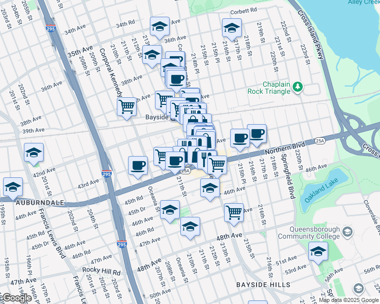 map of restaurants, bars, coffee shops, grocery stores, and more near 43-6 Bell Boulevard in Queens