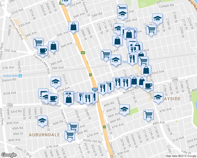 map of restaurants, bars, coffee shops, grocery stores, and more near 4207 Clearview Expressway Service Road in Queens