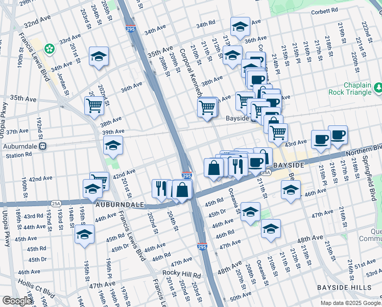 map of restaurants, bars, coffee shops, grocery stores, and more near 4207 Clearview Expressway Service Road in Queens