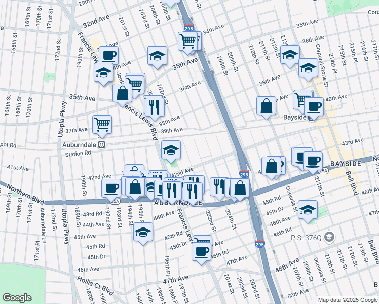 map of restaurants, bars, coffee shops, grocery stores, and more near 40-24 203rd Street in Queens