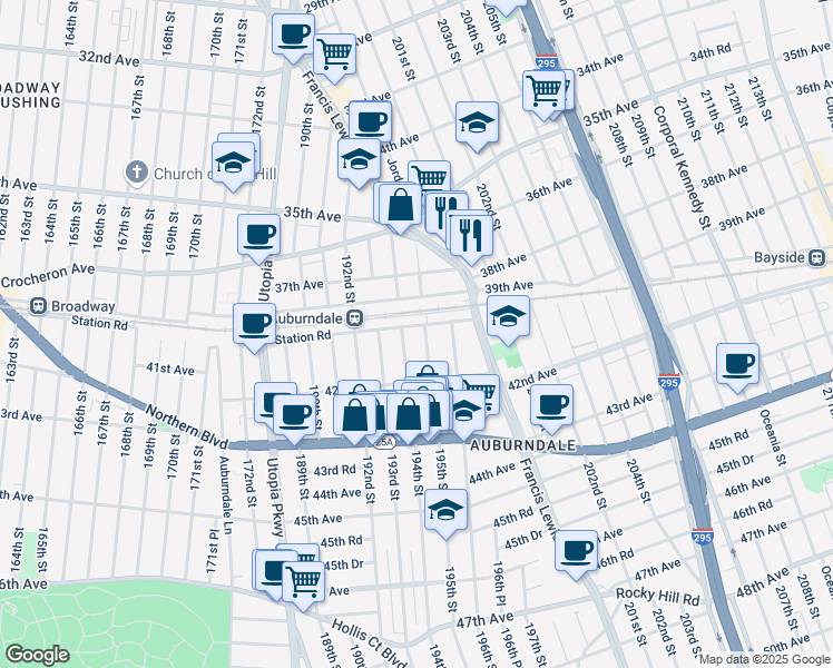 map of restaurants, bars, coffee shops, grocery stores, and more near 194-02 Station Road in Queens