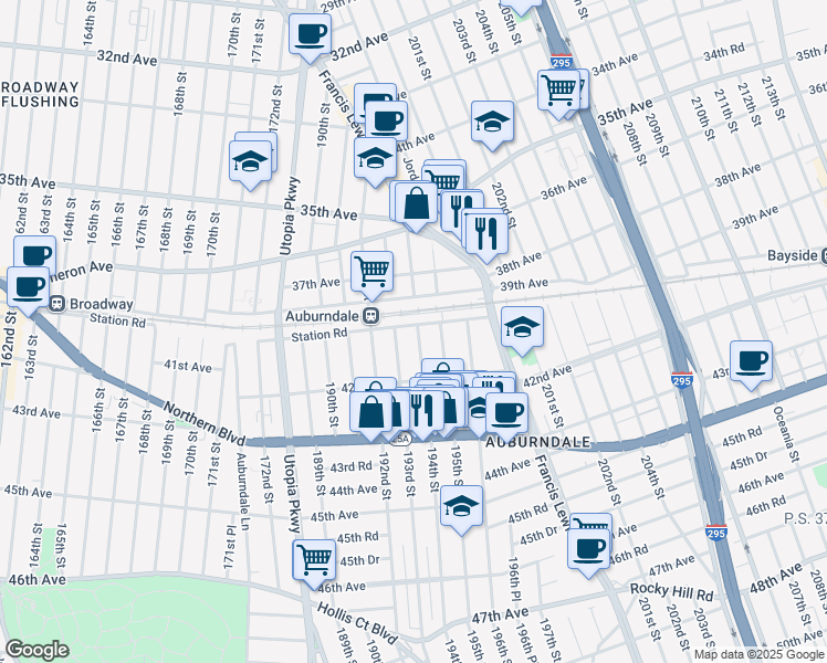 map of restaurants, bars, coffee shops, grocery stores, and more near 194-02 Station Road in Queens