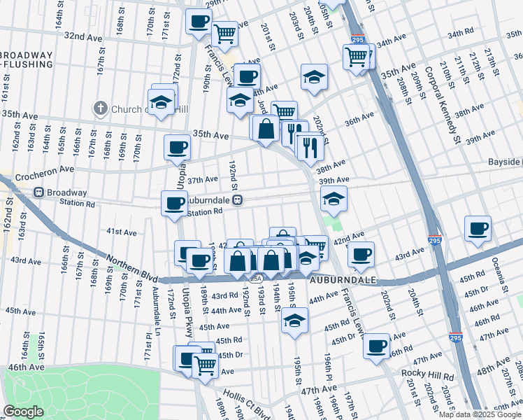 map of restaurants, bars, coffee shops, grocery stores, and more near 194-02 Station Road in Queens