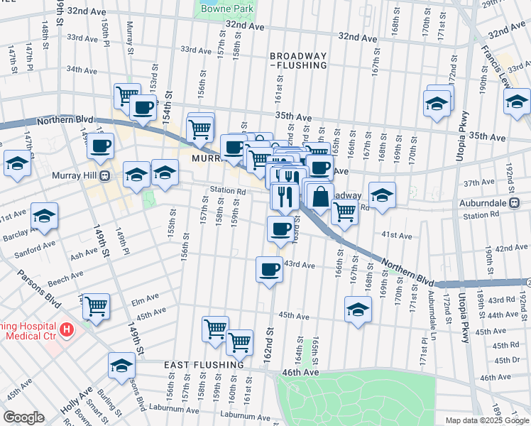 map of restaurants, bars, coffee shops, grocery stores, and more near 41-15 161 Street in Queens