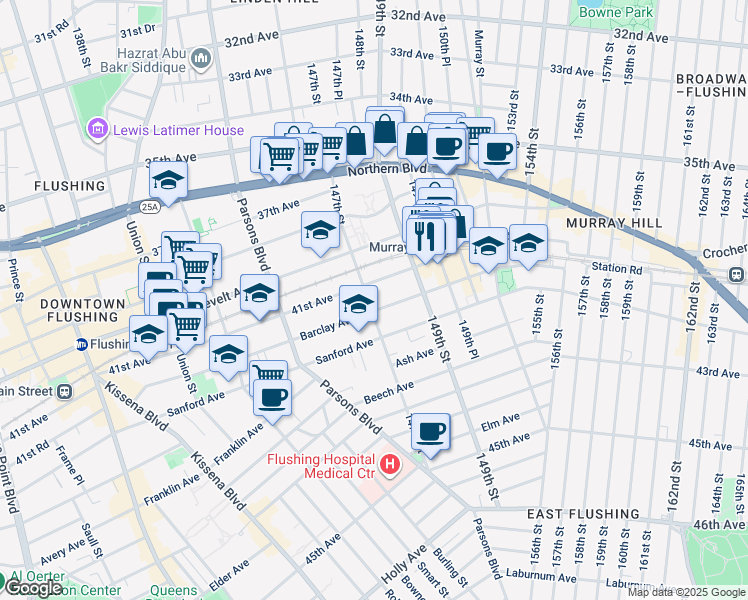 map of restaurants, bars, coffee shops, grocery stores, and more near 41-16 147th Street in Queens