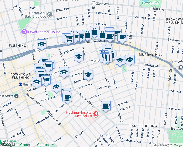 map of restaurants, bars, coffee shops, grocery stores, and more near 41-16 147th Street in Queens