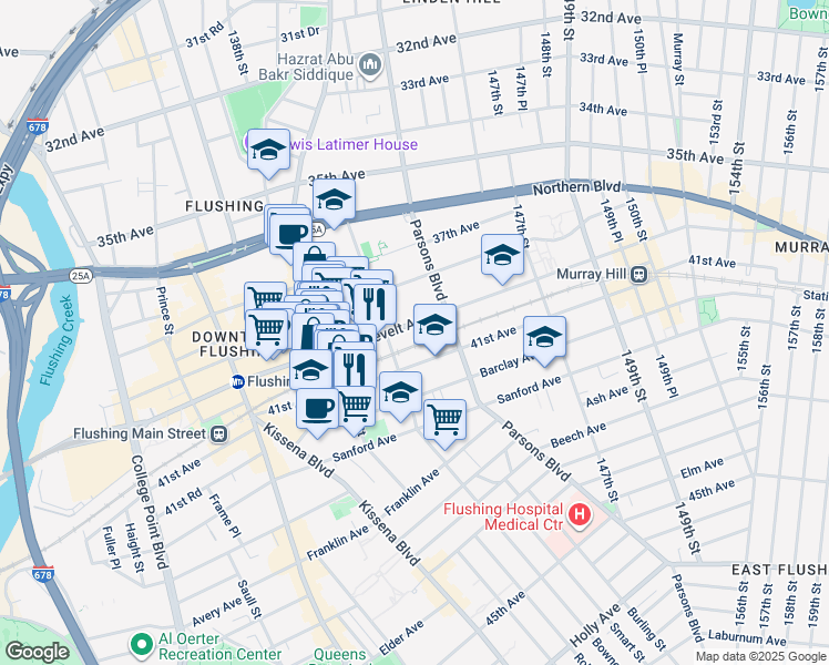 map of restaurants, bars, coffee shops, grocery stores, and more near 143-8 Roosevelt Avenue in Queens